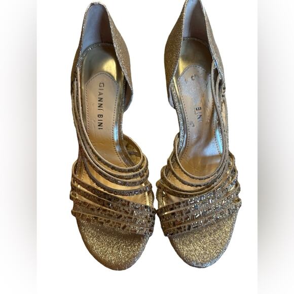 Gianni Bini Shoes - Gianni Bini Gold Heels with Bejeweled Straps Across the Top Womens size 8